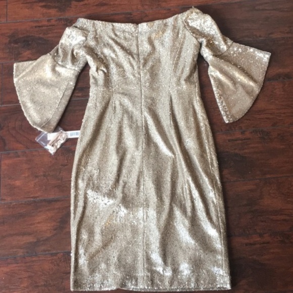 Antonio Melani Sabo Off The Shoulder Bell Sleeve Sequin Dress Champagne 4 NWT - Picture 14 of 16